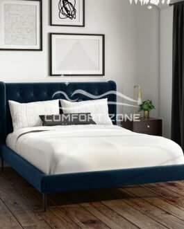 Navy Velvet Small Double Bed Frame with Winged Headboard